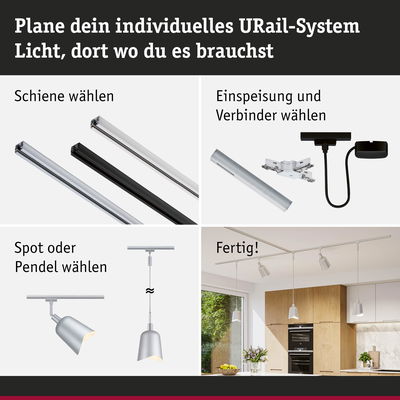 Anleitung zur Planung eines URail-Systems mit Schienen, Verbindern und Lampen in Silber und Schwarz für Wohnräume