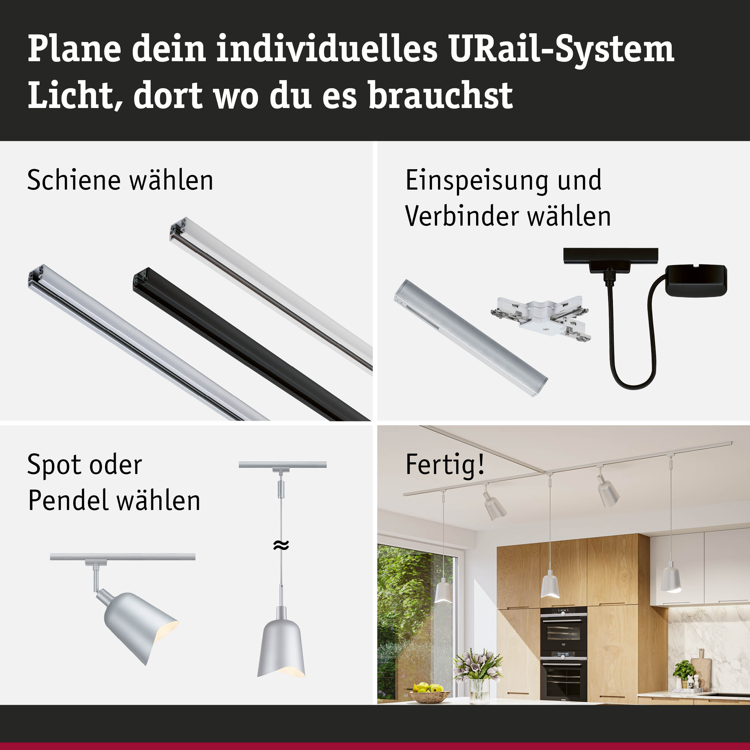 Modulares URail-Schienensystem in Schwarz und Weiß mit Steckverbindern und Pendelleuchten für flexible Beleuchtung