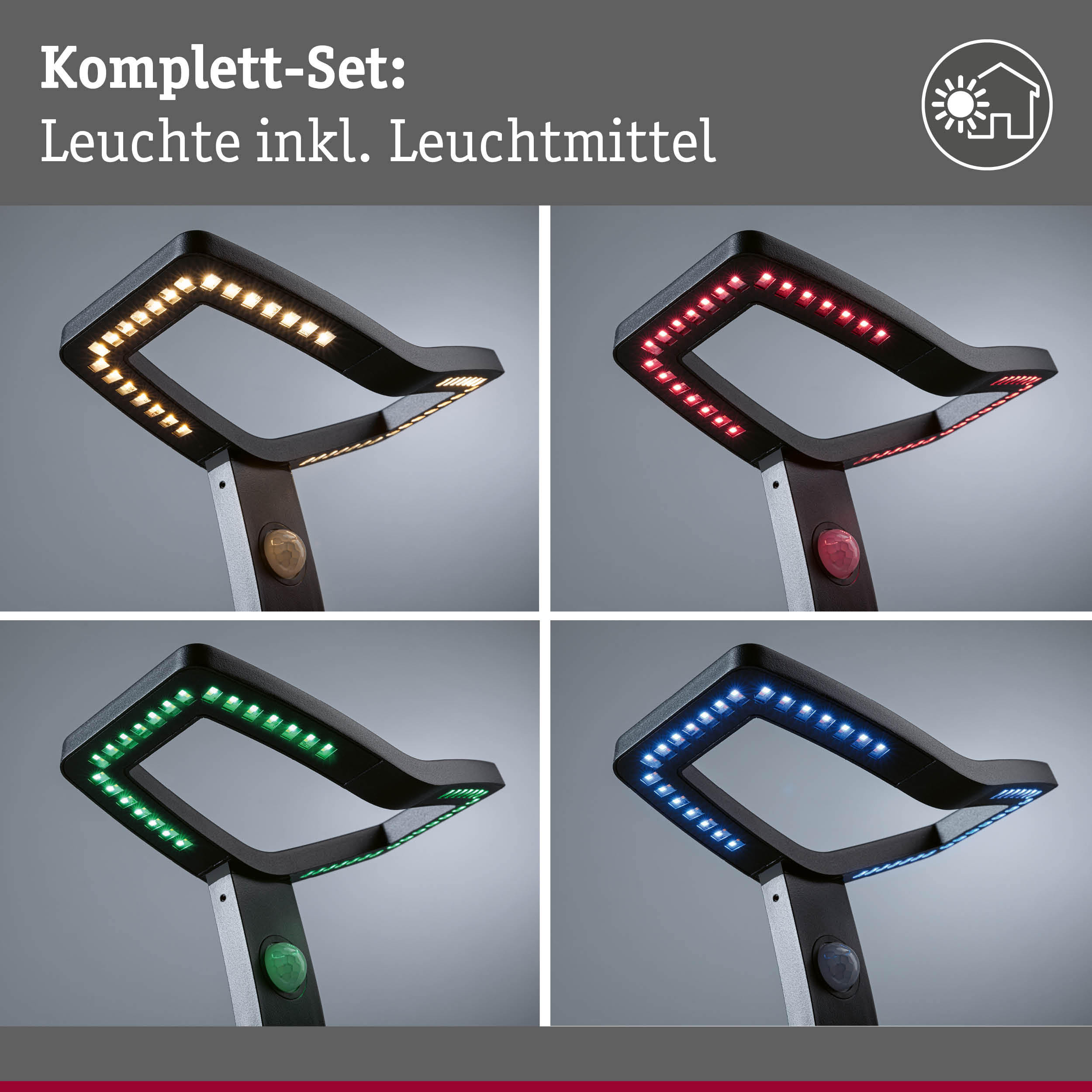 Schwarze LED-Leuchte mit vier Farbmodi und integriertem Sensor, modernes Design für Innenbeleuchtung