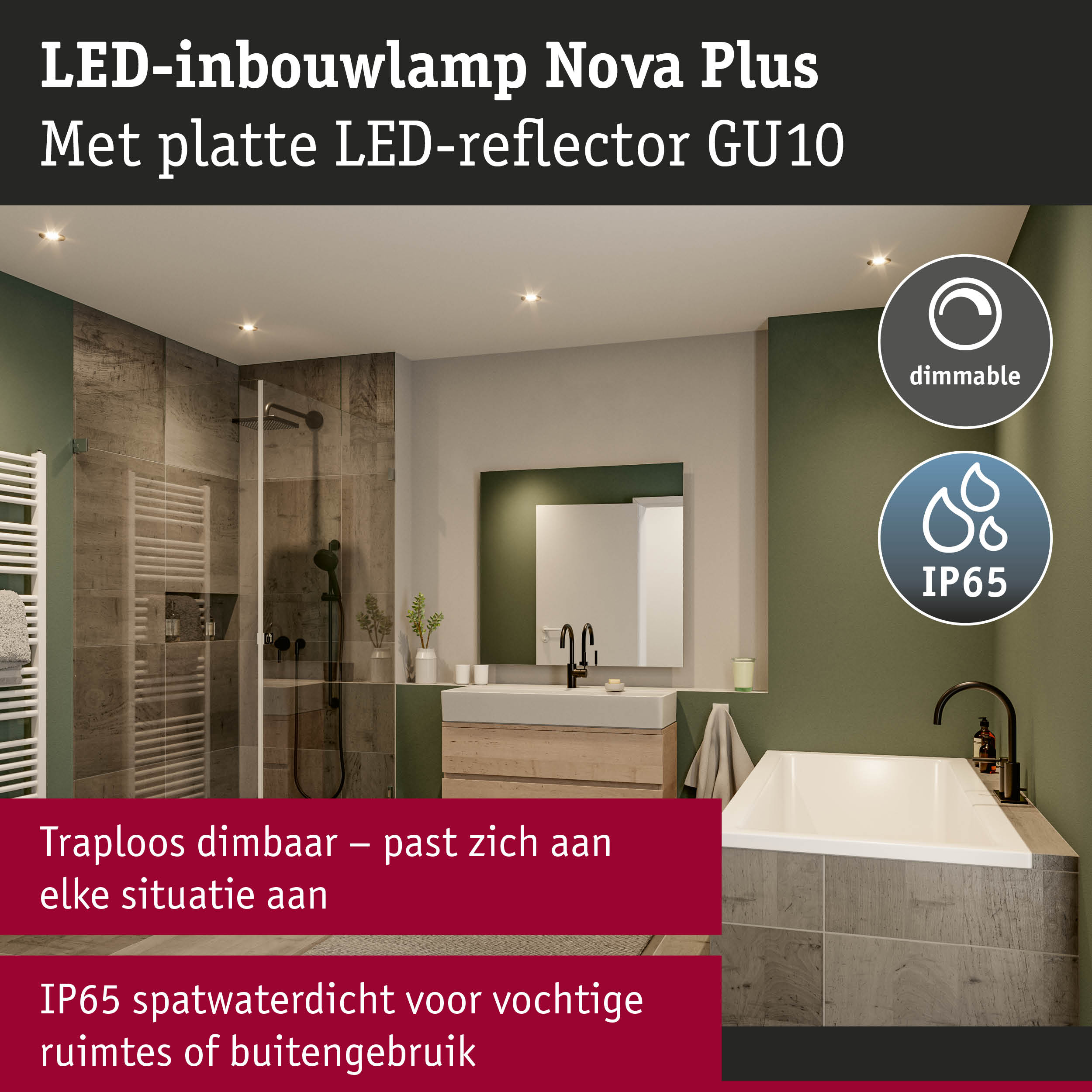 LED-inbouwlamp Nova Plus met platte LED-reflector GU10, dimbaar en IP65 voor vochtige ruimtes