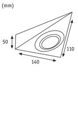 Technische Zeichnung mit Maßen 140x110x50 mm eines Einbauleuchtengehäuses in Schwarz-Weiß.