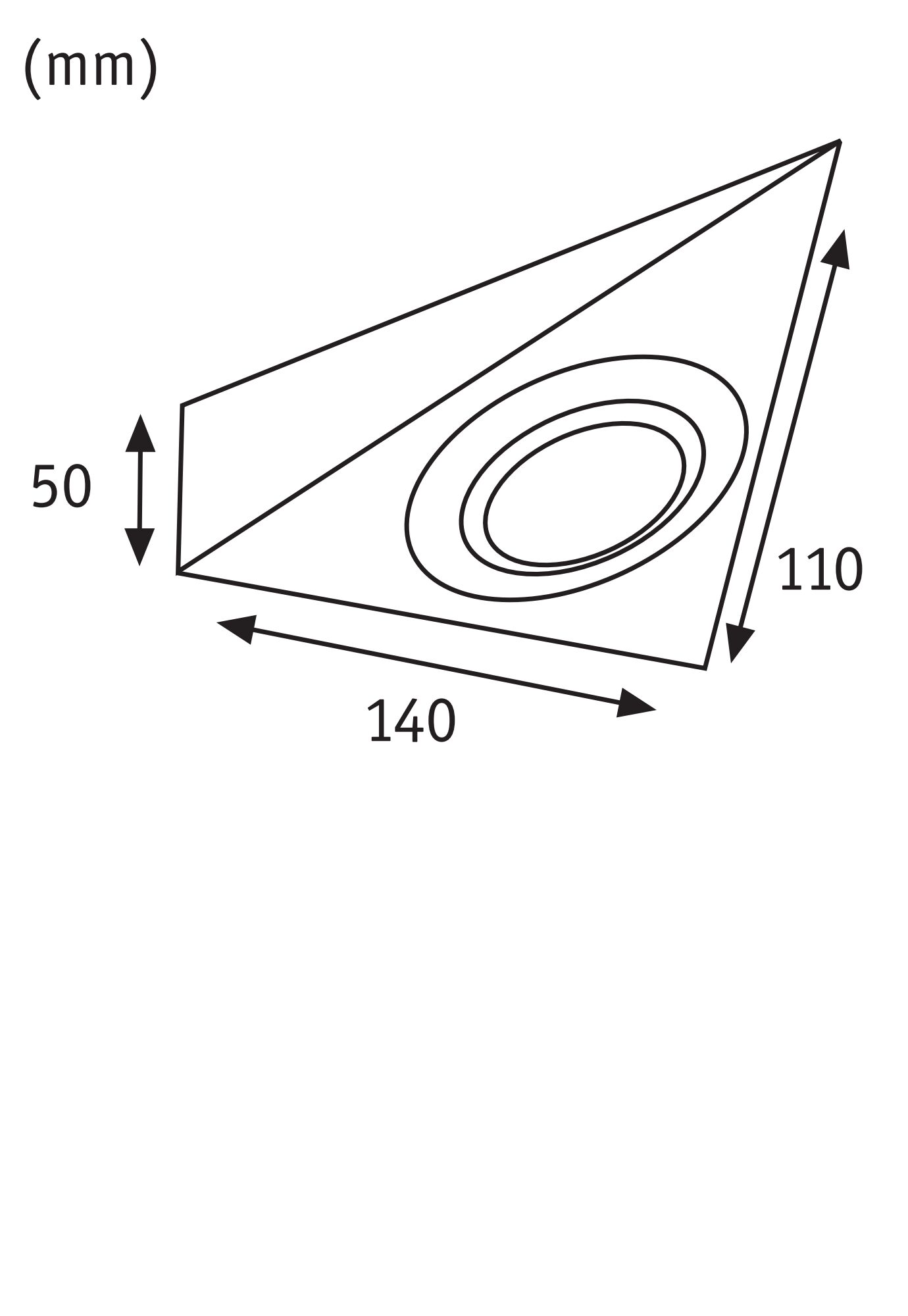 Dessin technique avec dimensions 140x110x50 mm d’un boîtier d’éclairage encastré en noir et blanc.