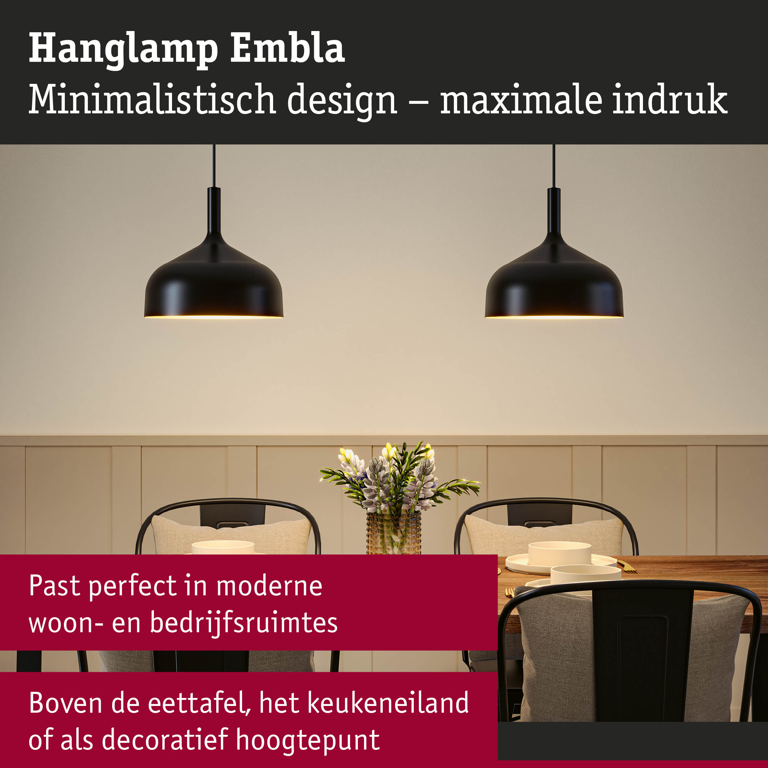 Zwarte metalen hanglamp Embla met minimalistisch design boven eettafel in moderne ruimte
