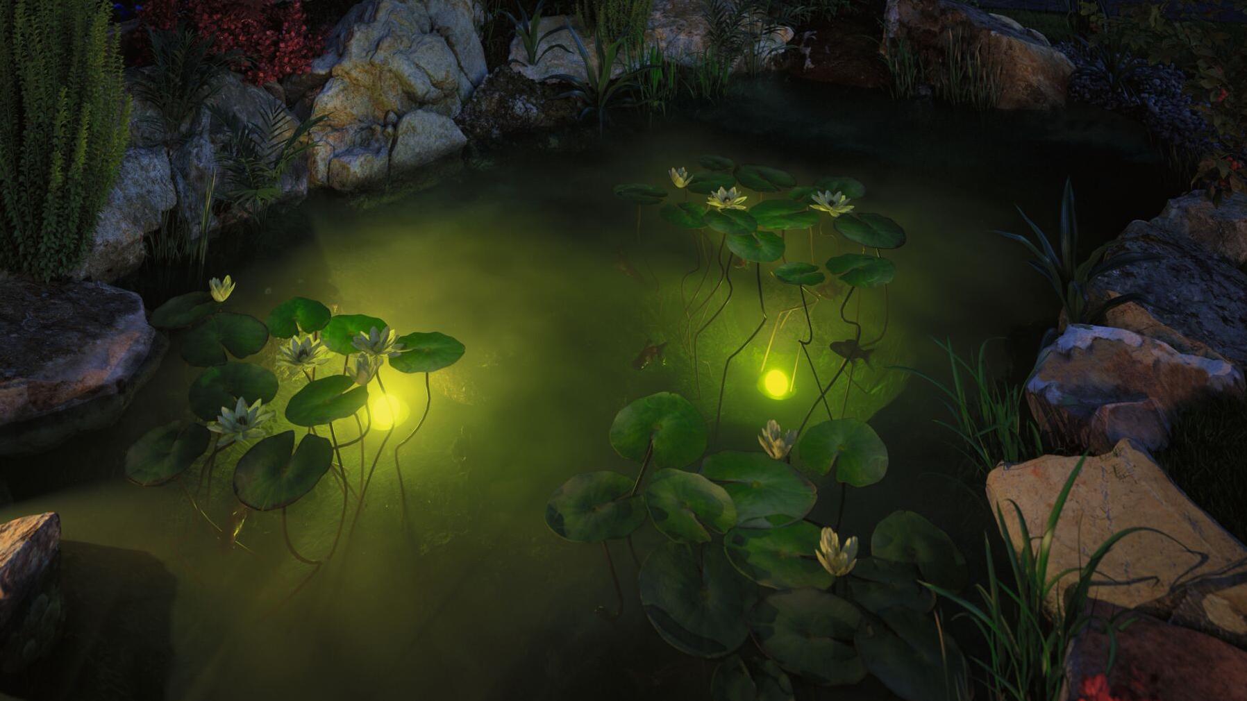 Teich mit grünen Seerosen und gelben Unterwasser-LED-Leuchten für Außenbeleuchtung im Garten