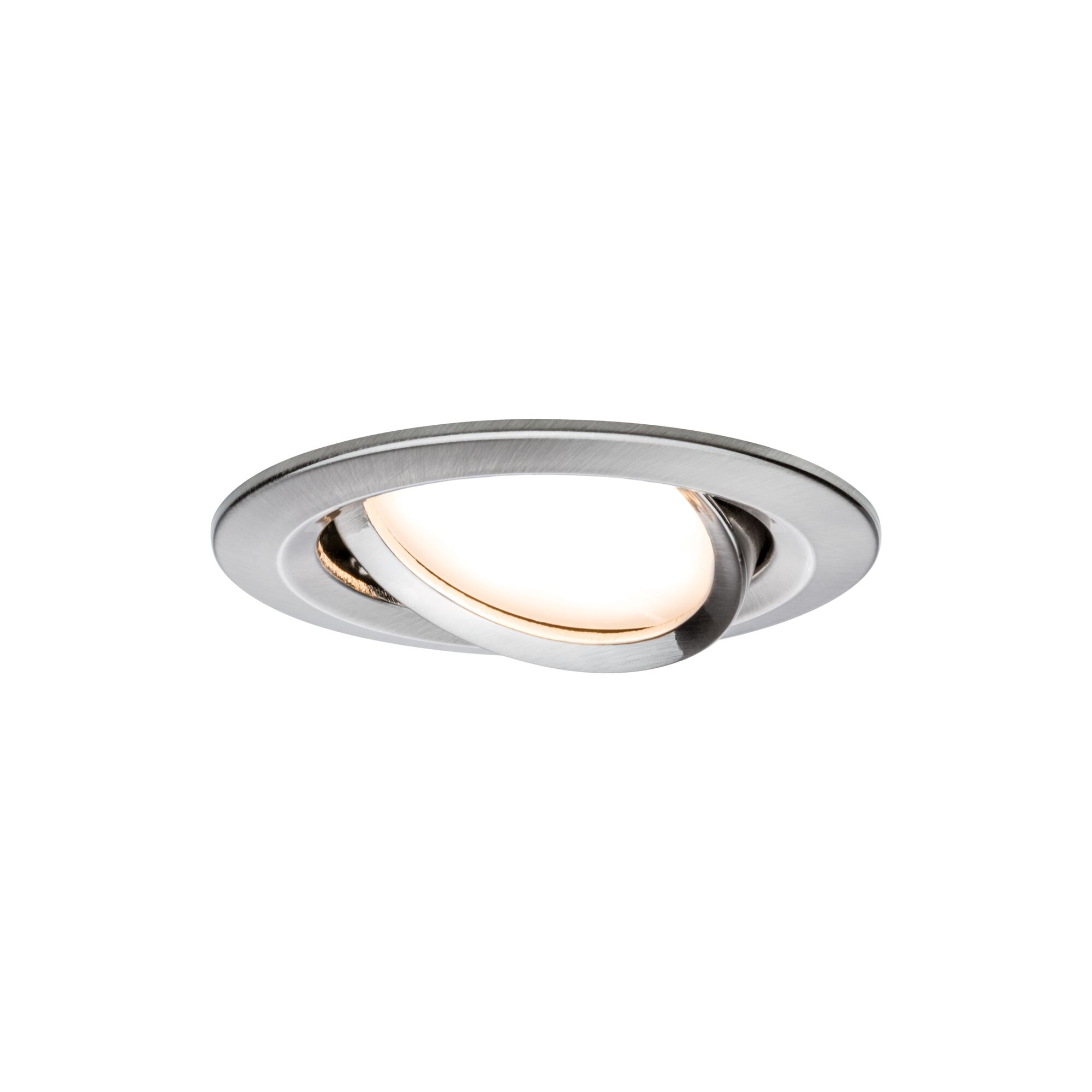 Runder Einbaustrahler aus gebürstetem Edelstahl mit warmweißem LED-Licht für moderne Innenbeleuchtung