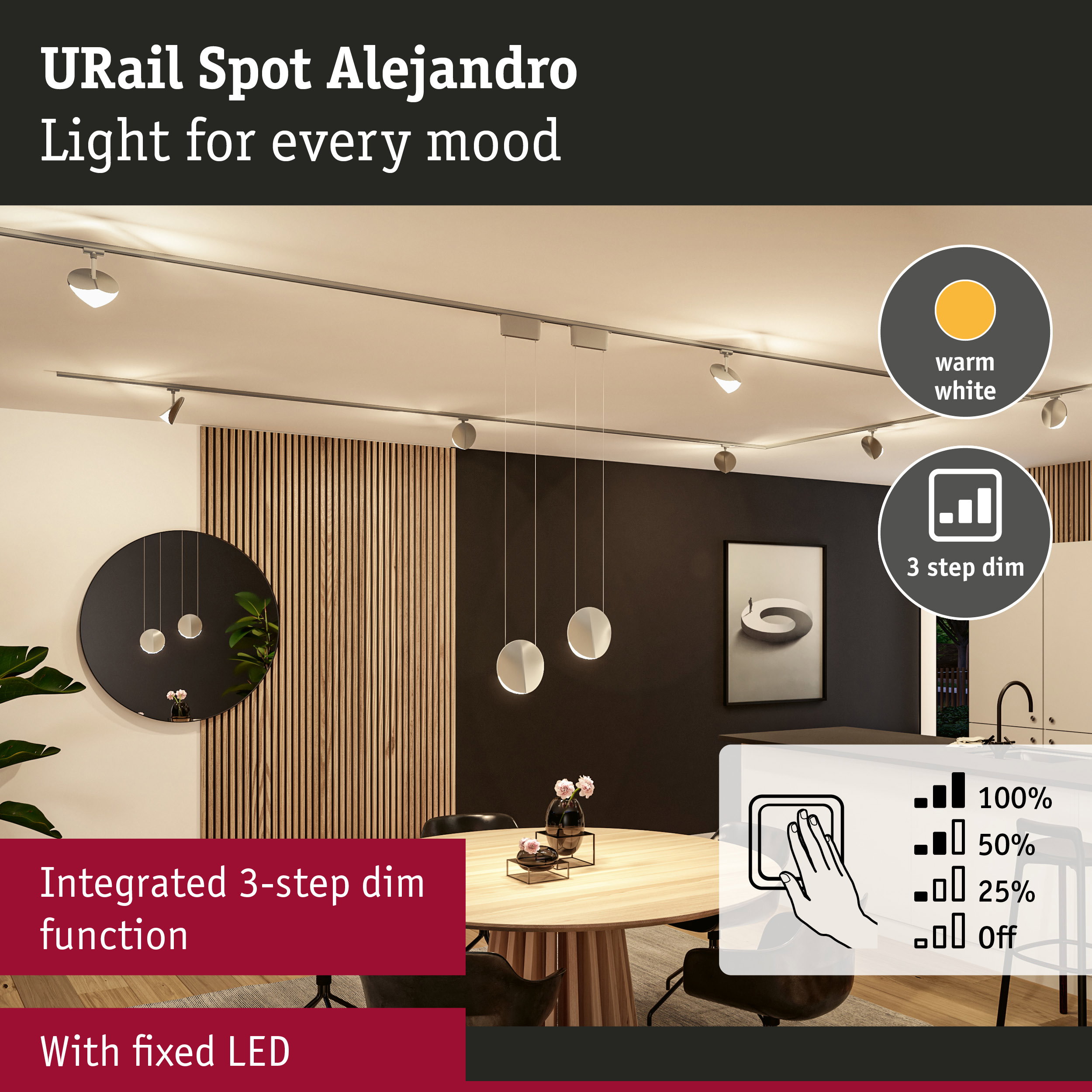 URail Spot Alejandro LED ceiling spotlight in warm white with integrated 3-step dim function for living spaces