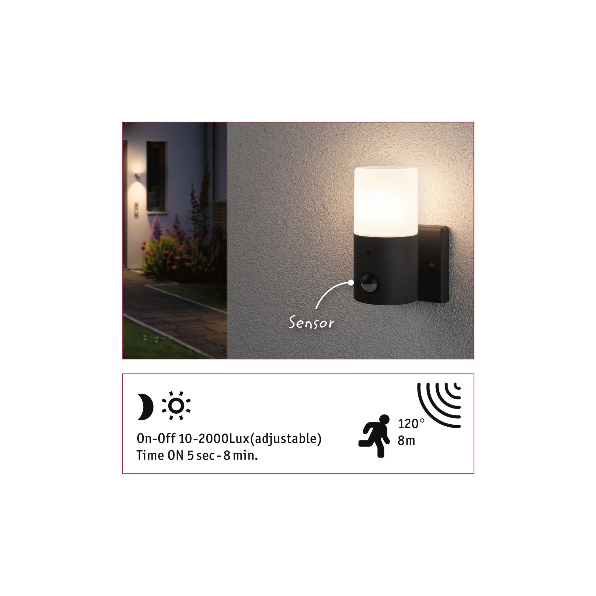 Schwarze Außenwandleuchte mit weißem Glas und Bewegungsmelder für Garten und Terrasse.