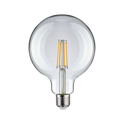 Ampoule LED en verre transparent avec filaments jaunes visibles et culot E27 pour éclairage économique