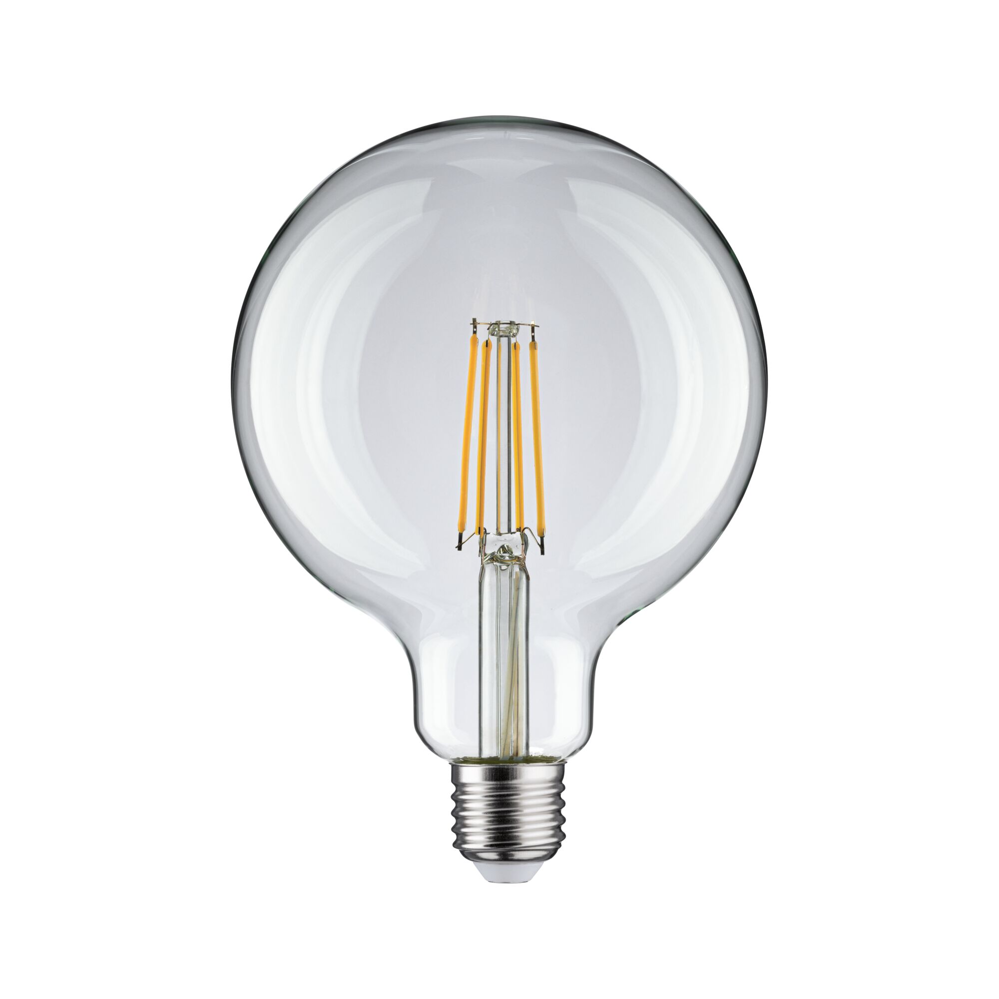 Heldere glazen LED-lamp met zichtbare gele filamenten en E27-fitting voor energiezuinige verlichting