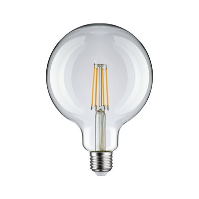 Heldere glazen LED-lamp met zichtbare gele filamenten en E27-fitting voor energiezuinige verlichting