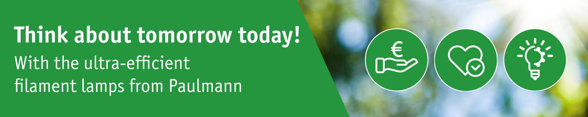 Green banner promoting ultra-efficient filament lamps from Paulmann for energy-saving lighting solutions
