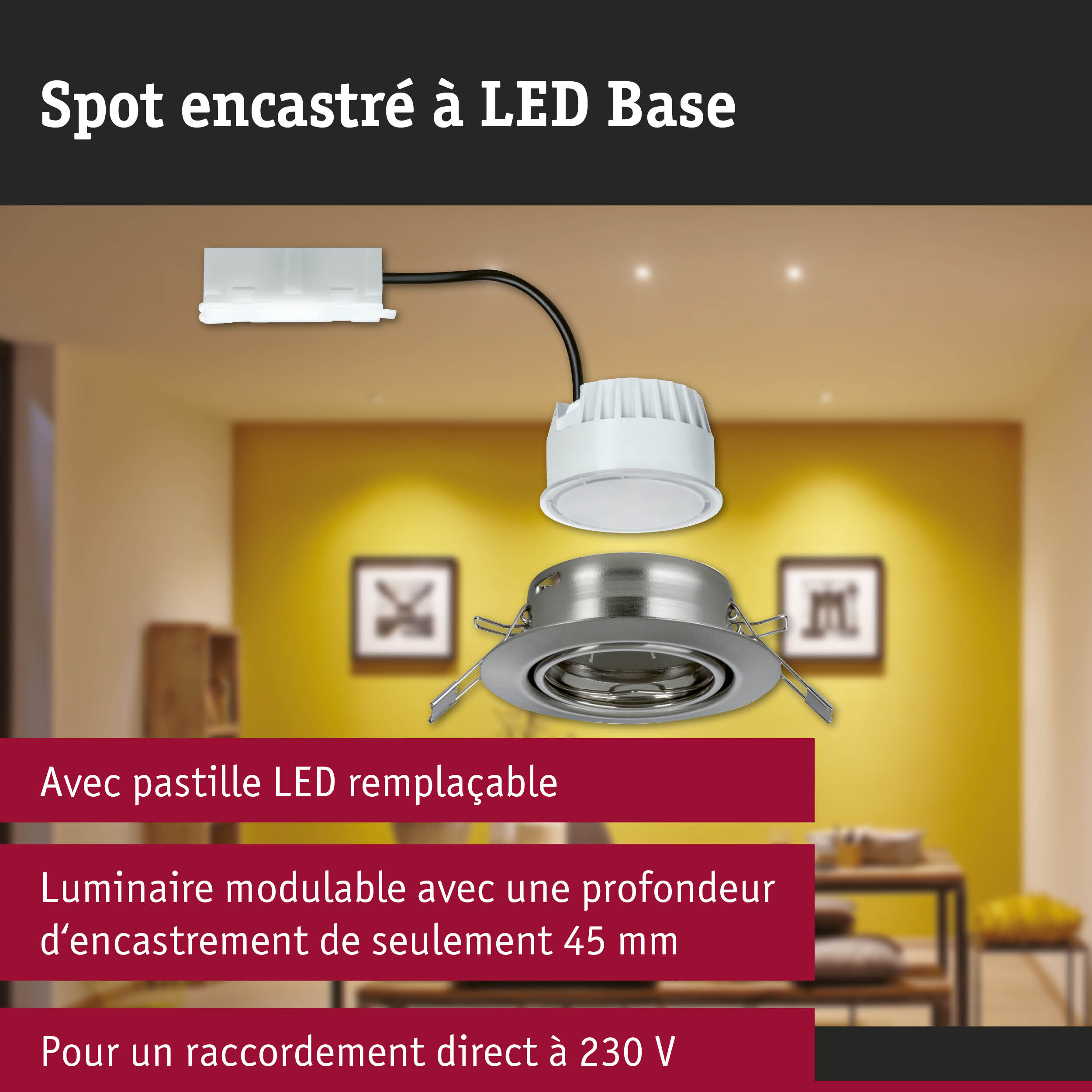 Spot encastré modulaire en métal argenté avec module LED blanc pour raccordement direct 230V