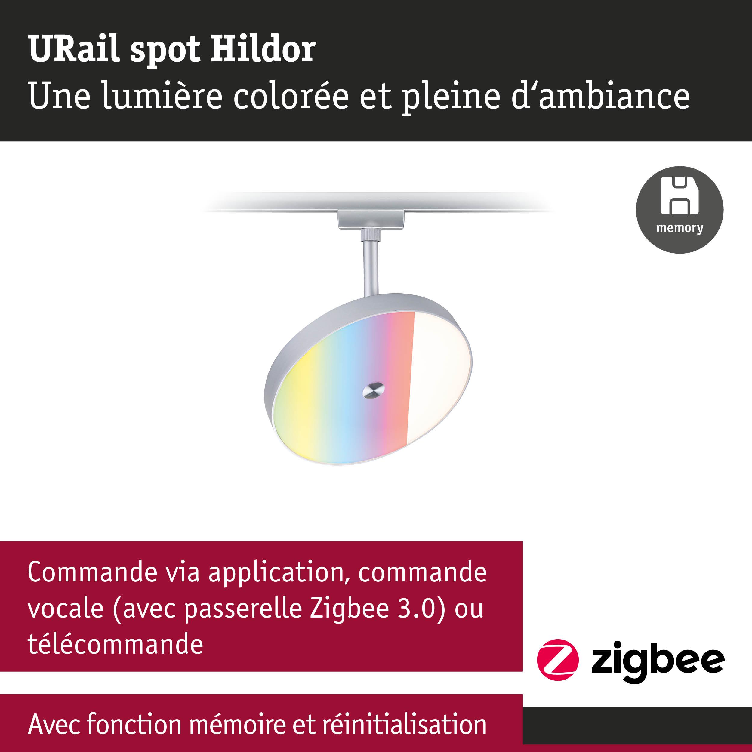 Spot URail Hildor avec lumière LED colorée et commande Zigbee pour éclairage intelligent