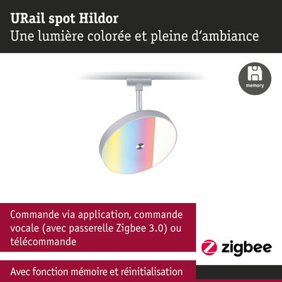 Spot URail Hildor avec lumière LED colorée et commande Zigbee pour éclairage intelligent