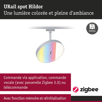 Spot URail Hildor avec lumière LED colorée et commande Zigbee pour éclairage intelligent