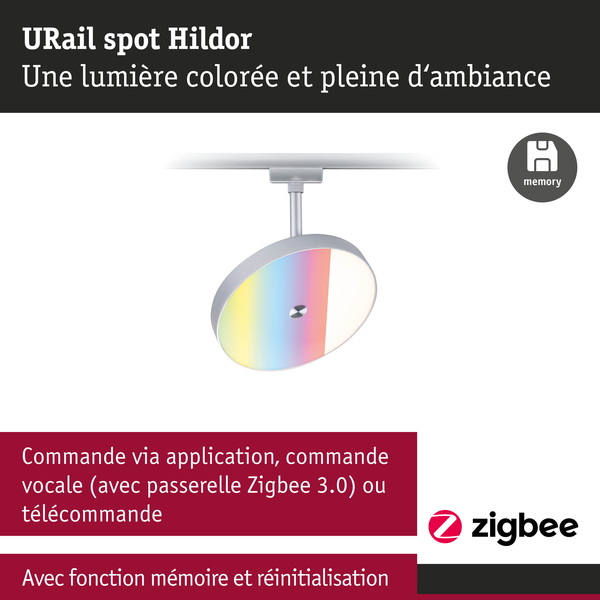 Spot URail Hildor avec lumière colorée et fonction mémoire pour éclairage intelligent