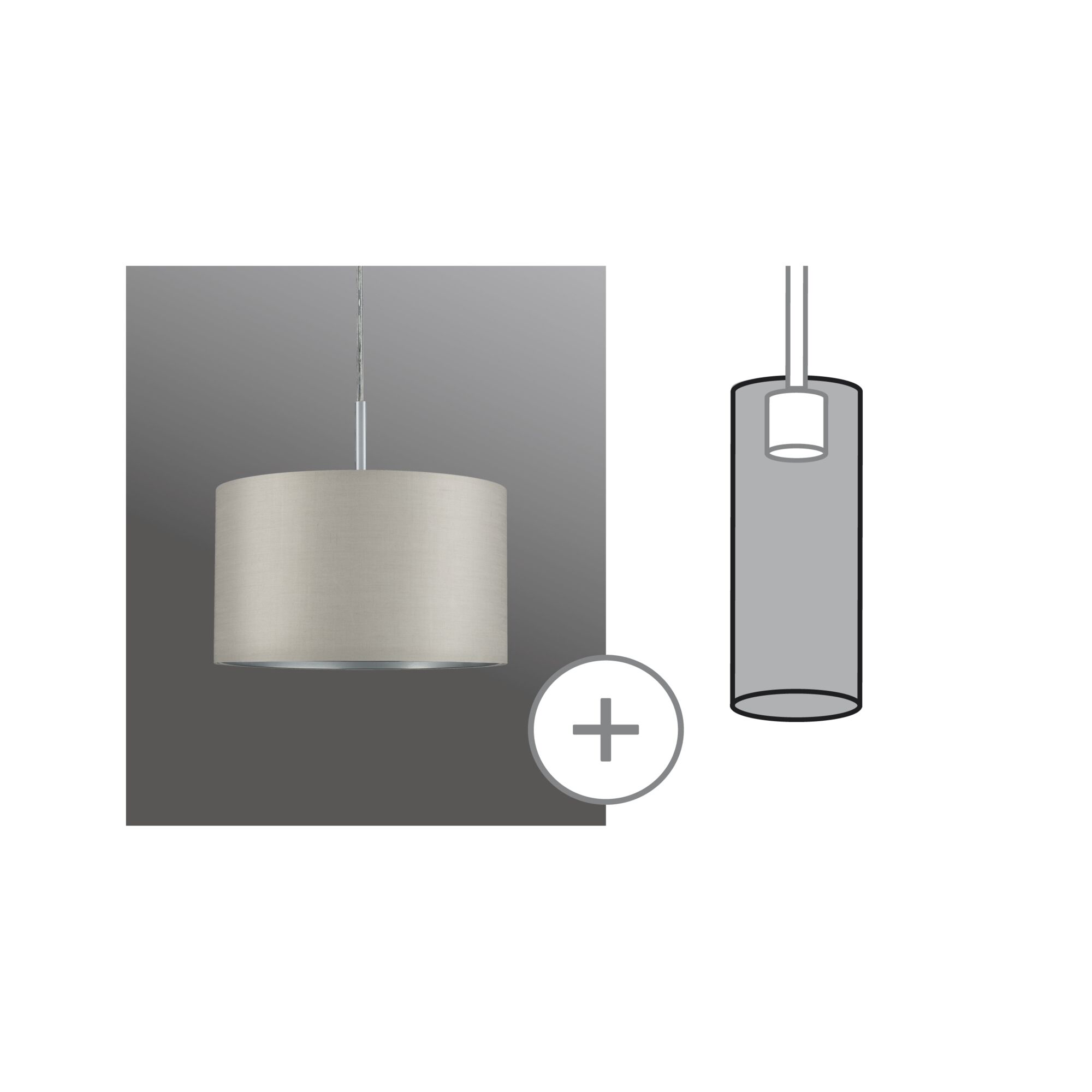Hanglamp met beige stoffen kap en metalen houder, moderne verlichting voor woonruimtes.