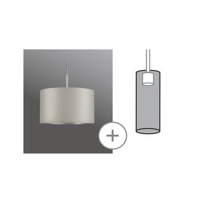 Suspension avec abat-jour en tissu beige et support métallique, lampe moderne pour intérieur.