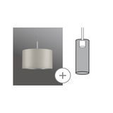 Pendant lamp with beige fabric shade and metal mount, modern hanging light for living spaces.