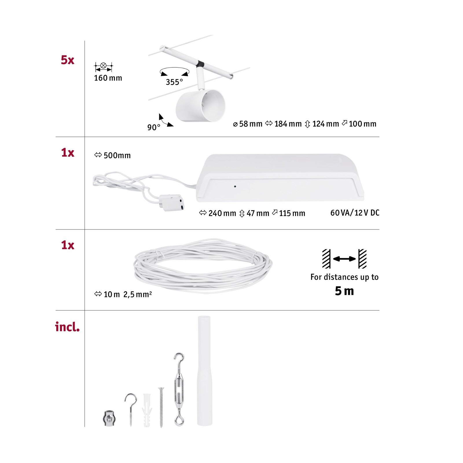 CorDuo Système sur câbles Cup Kit de base GU5,3 max. 5x10W 230/12V Blanc dépoli/Chrome