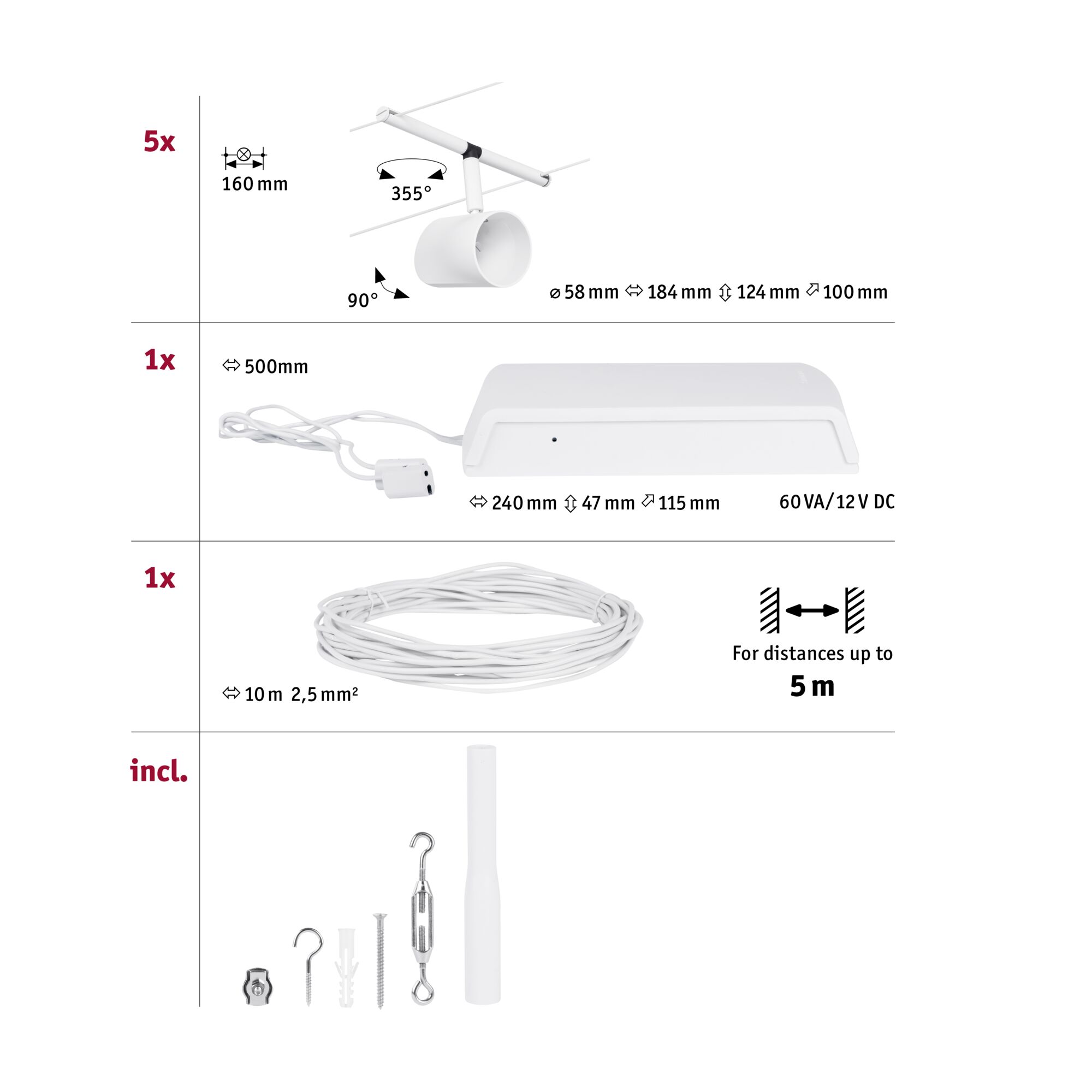 Weißer LED-Seilsystemstrahler mit 355° drehbarem Kopf und 160 mm Abstand, inklusive Netzteil und Zubehör