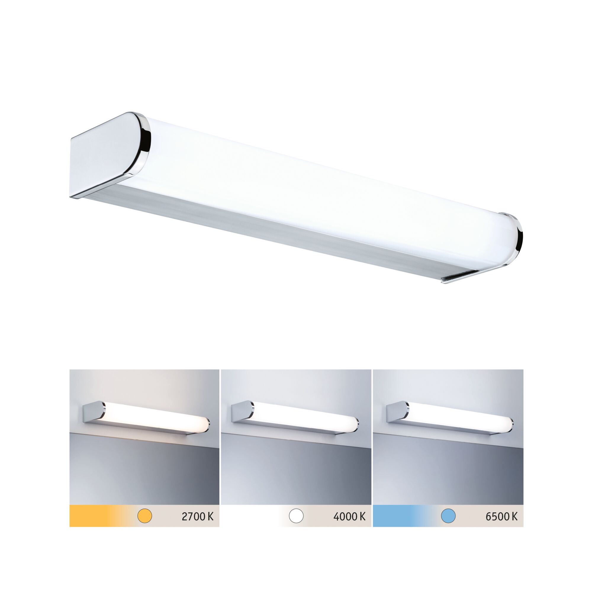 Modern white LED wall light with chrome ends, dimmable with light colors 2700K, 4000K, and 6500K