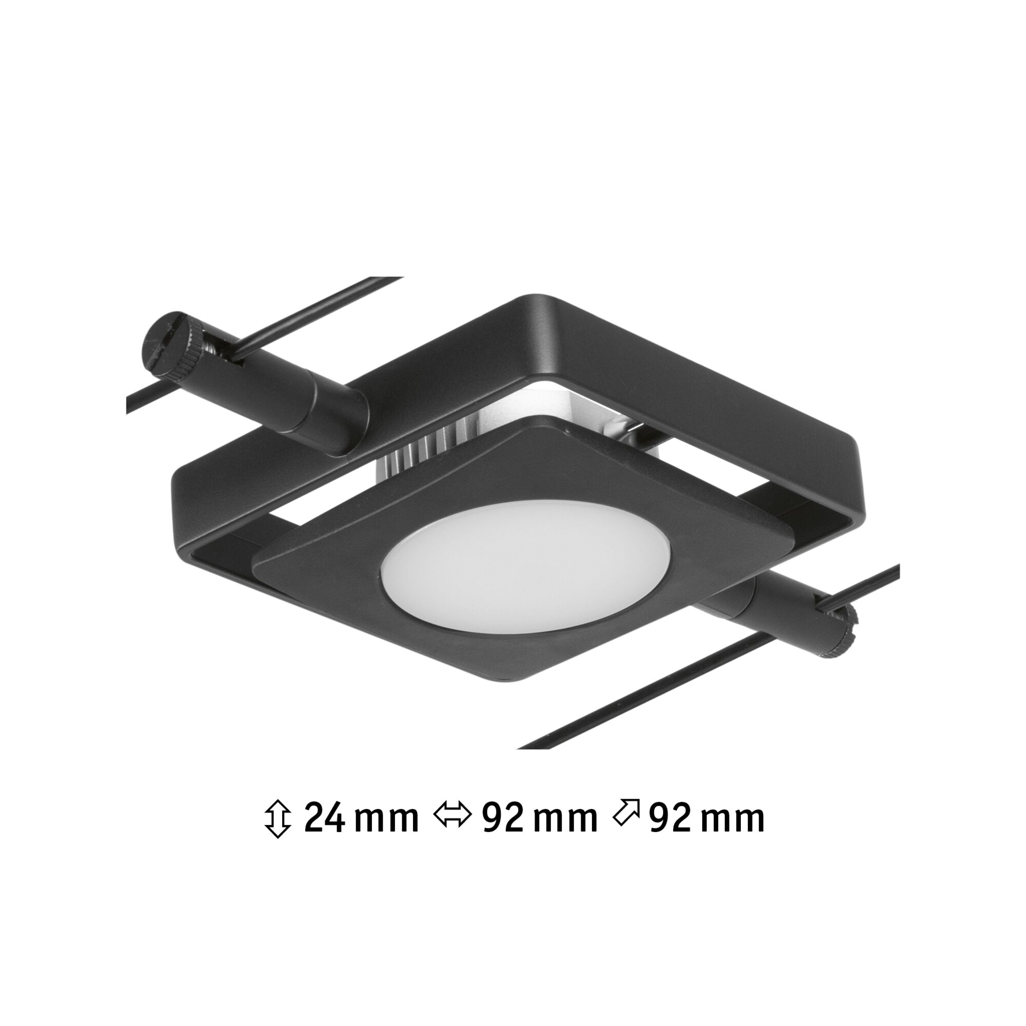 Schwarze quadratische LED-Deckenleuchte aus Metall mit weißem Diffusor und kompakten Maßen