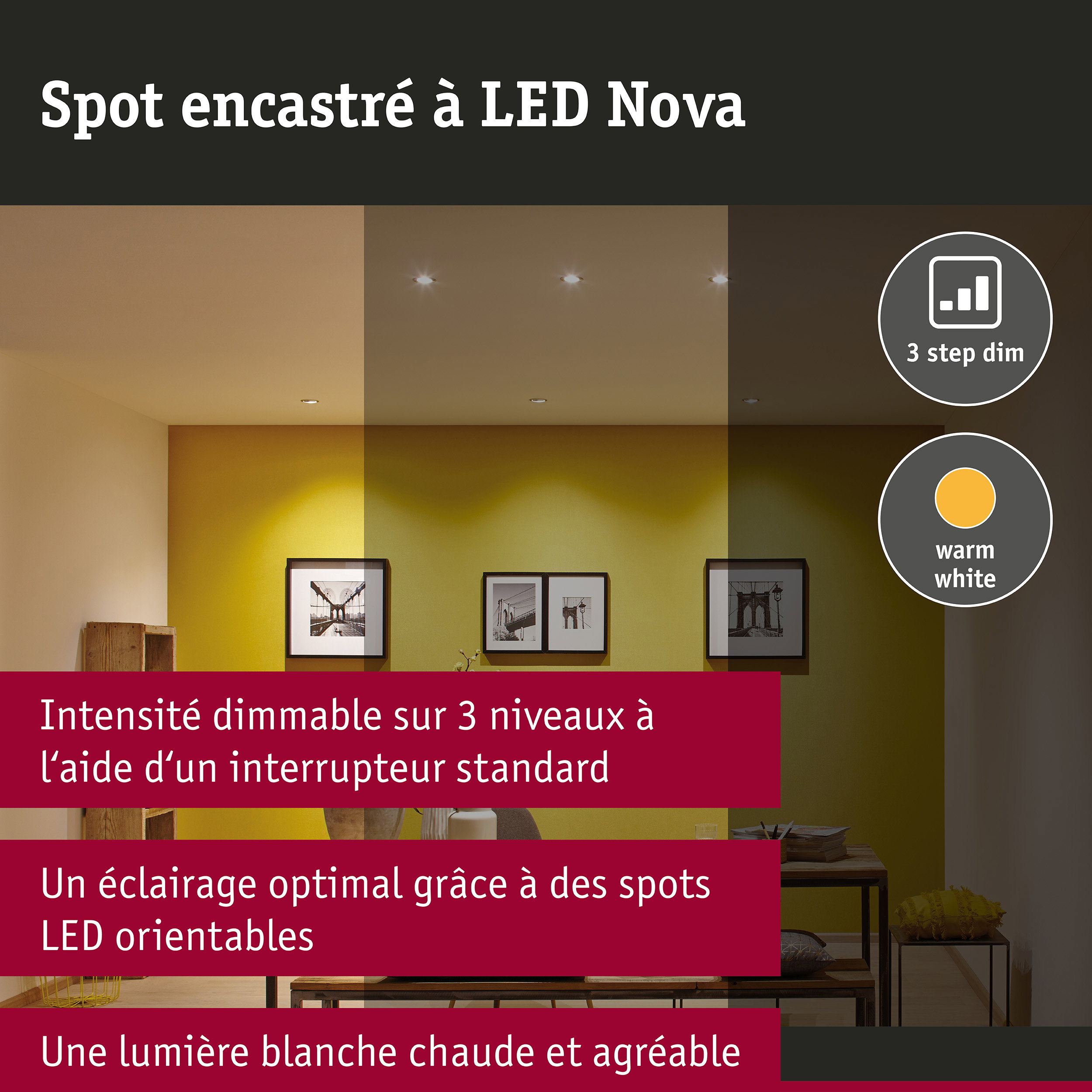 Spot encastré LED 3-Step-Dim Nova Coin Kit de base orientable rond 84mm 50° Coin 3x6W 3x470lm 230V gradable 2700K Alu tourné