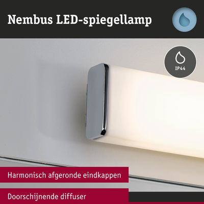 Nembus LED-spiegellamp met afgeronde chromen eindkappen en doorschijnende witte diffuser voor badkamer