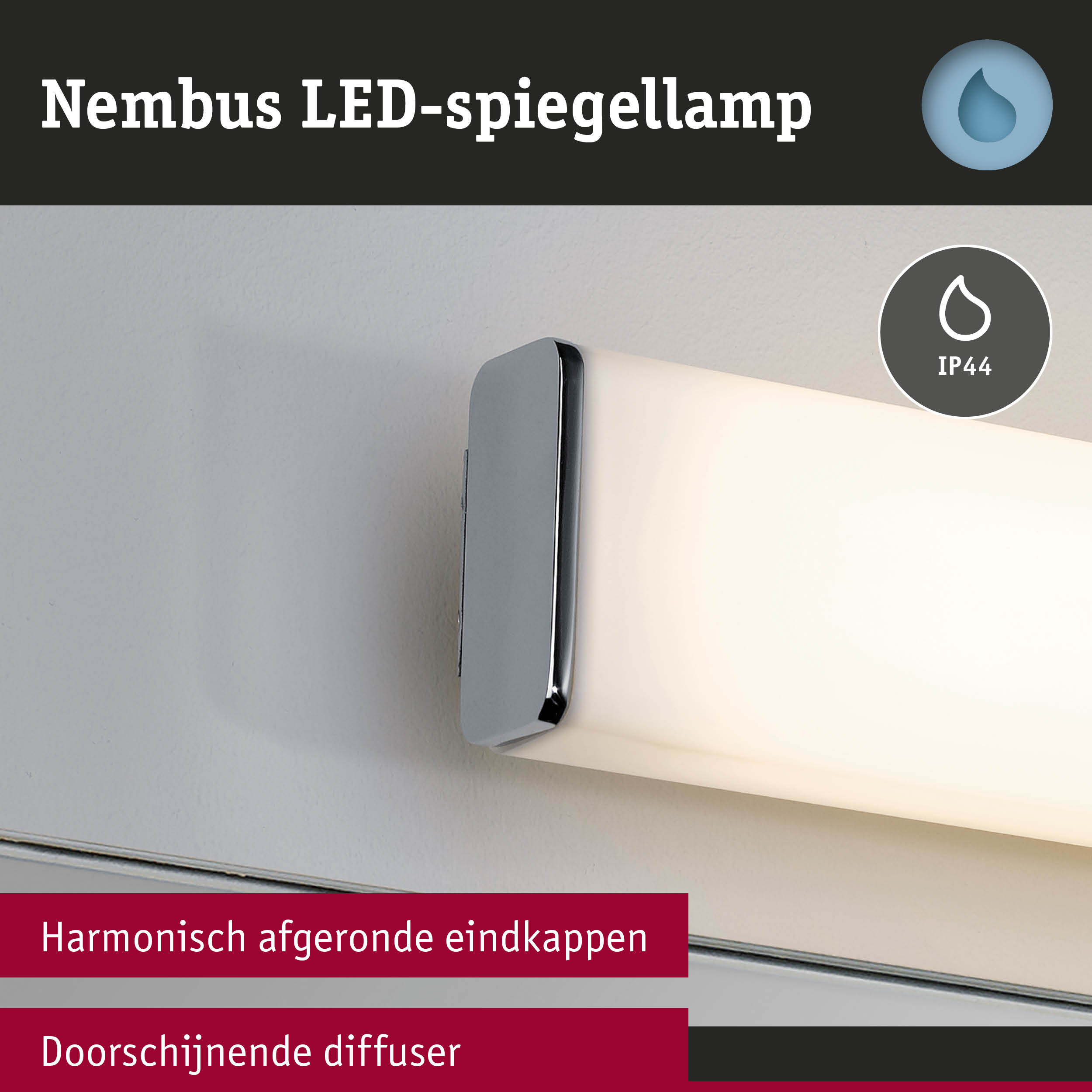 Nembus LED-spiegellamp met afgeronde eindkappen en doorschijnende witte diffuser voor badkamerverlichting