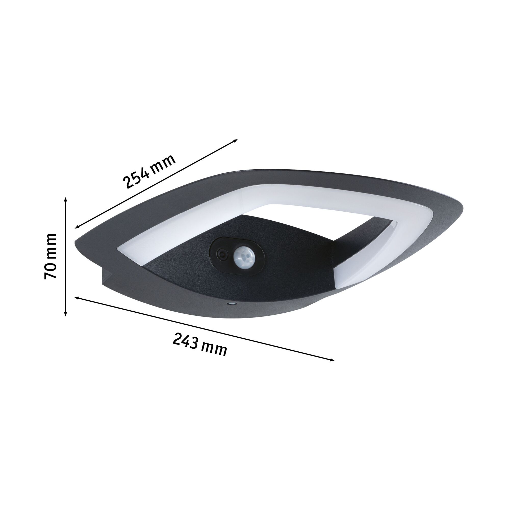 Schwarze LED-Wandleuchte mit Bewegungsmelder und weißem Lichtdiffusor, Maße 254x243x70 mm
