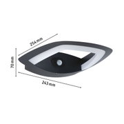 Schwarze LED-Wandleuchte mit Bewegungsmelder und weißem Lichtdiffusor, Maße 254x243x70 mm