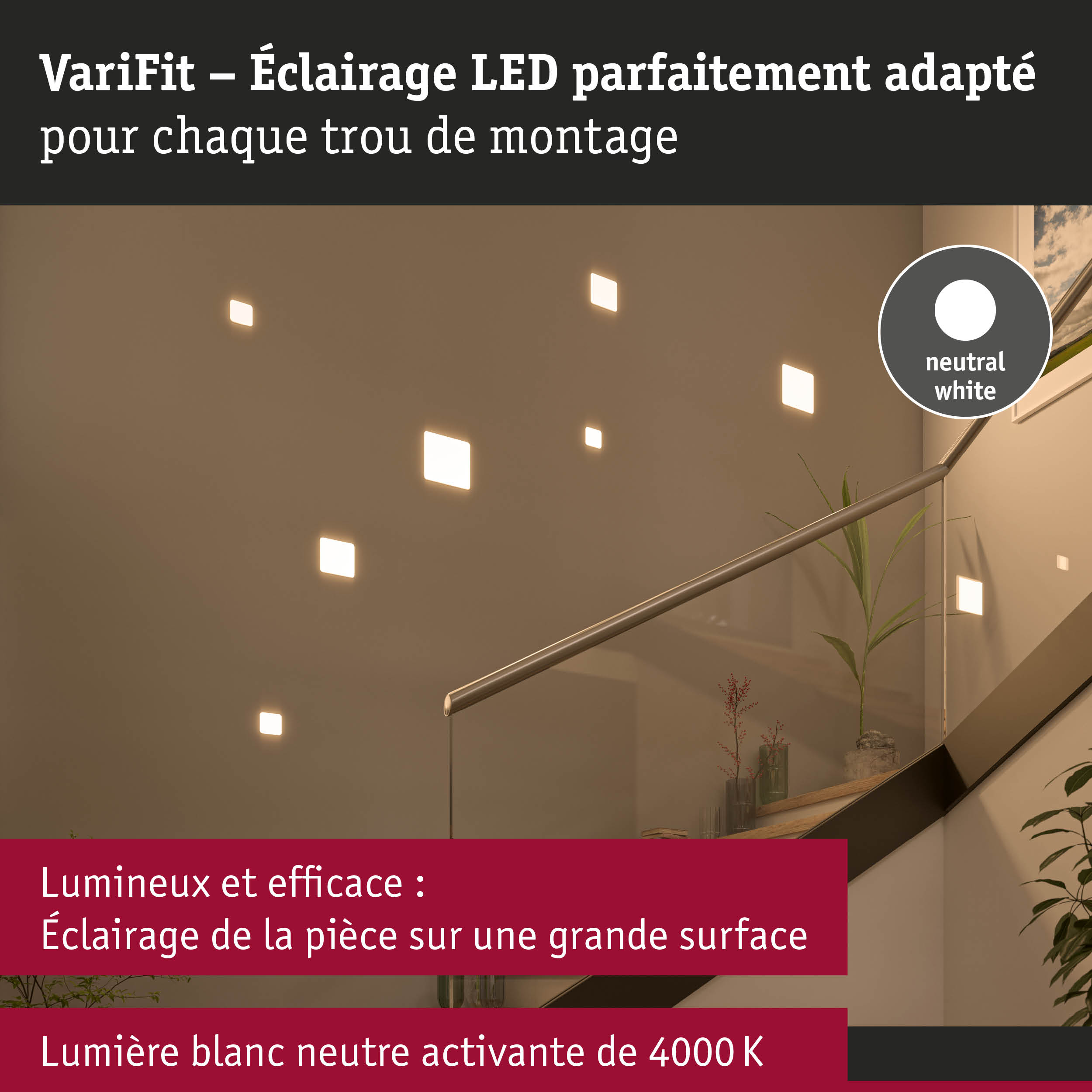 Éclairage mural LED VariFit en blanc neutre avec éléments carrés pour escalier