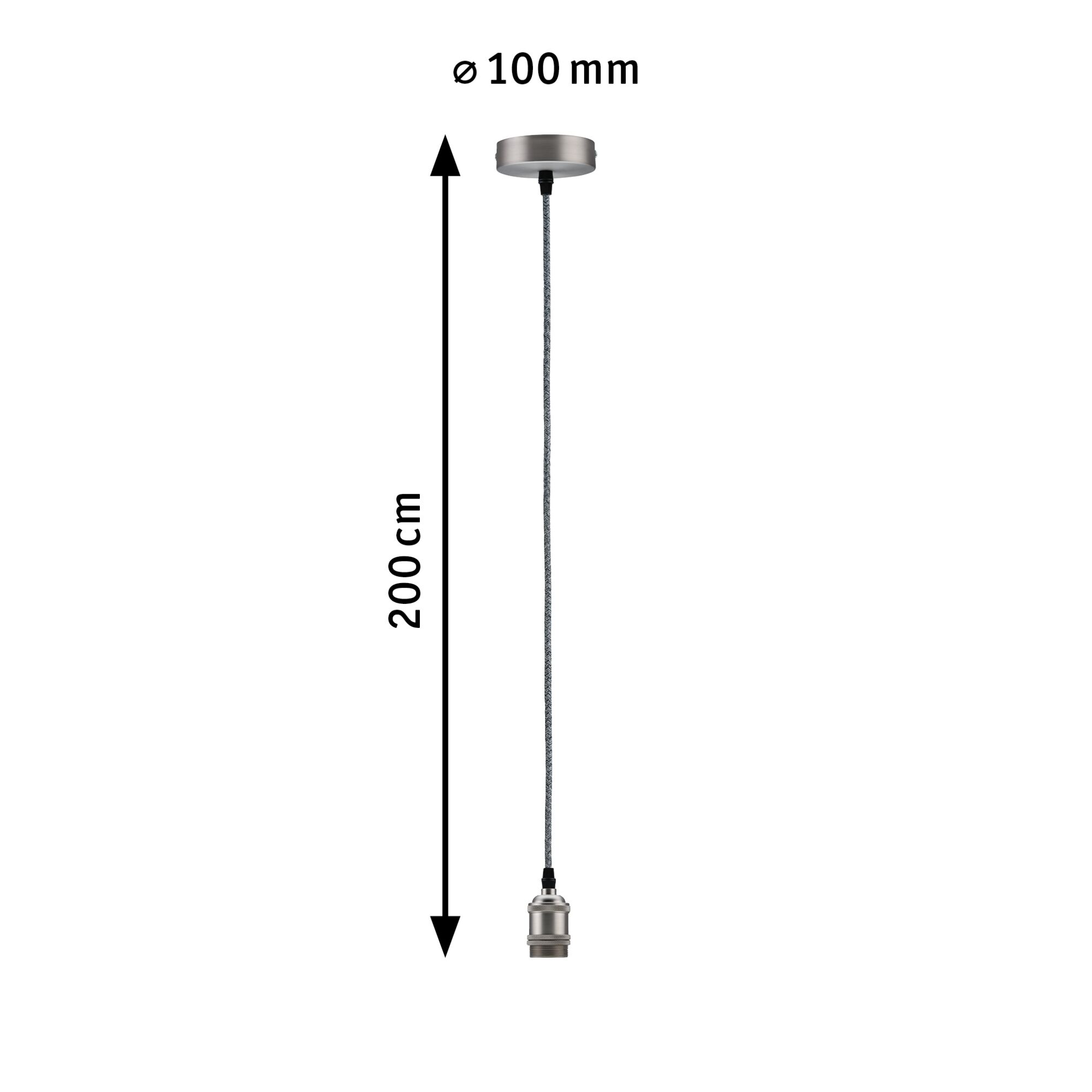 Pendant light with 200 cm textile cable and brushed steel metal socket for LED bulbs.