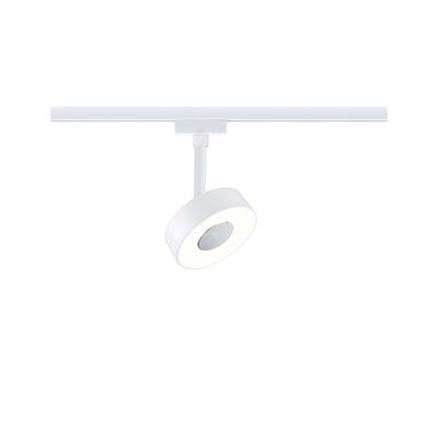 Moderner weißer LED-Spot aus Metall an Schienensystem für flexible Raumbeleuchtung