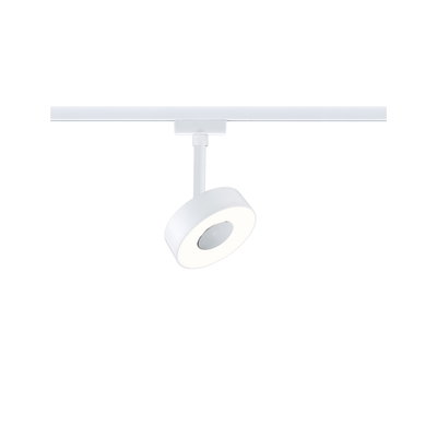 Moderner weißer LED-Spot aus Metall an Schienensystem für flexible Raumbeleuchtung