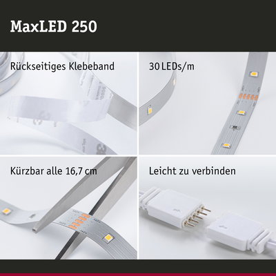 MaxLED 250 LED-Lichtband mit rückseitigem Klebeband, 30 LEDs/m, kürzbar alle 16,7 cm, einfach verbindbar