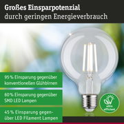 Energiesparpotenzial einer klaren LED-Glühbirne mit Filament und E27-Fassung im grünen Hintergrund