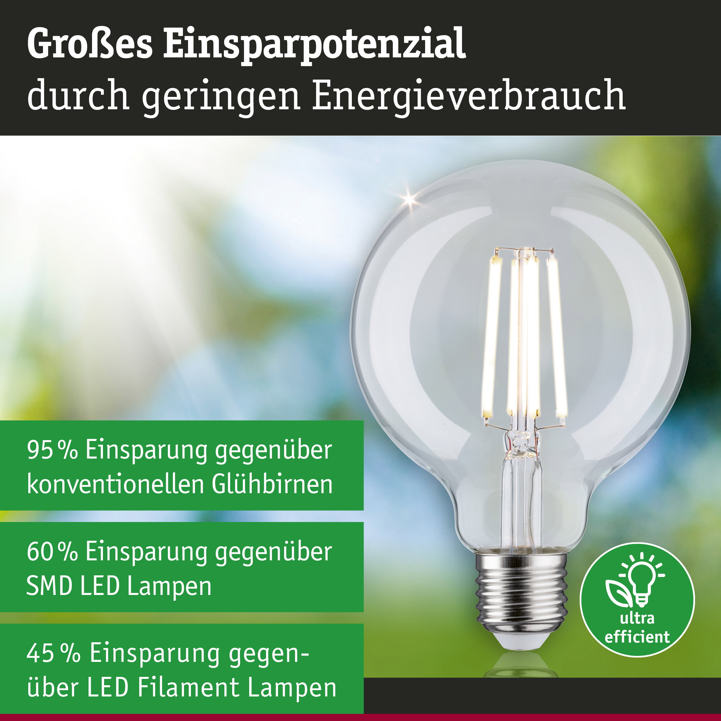 Energiesparpotenzial einer klaren LED-Glühbirne mit Filament und E27-Fassung im grünen Hintergrund
