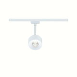 Moderner weißer LED-Spot aus Metall an Schienensystem für flexible Beleuchtung im Innenraum