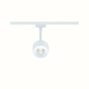Moderner weißer LED-Spot aus Metall an Schienensystem für flexible Beleuchtung im Innenraum