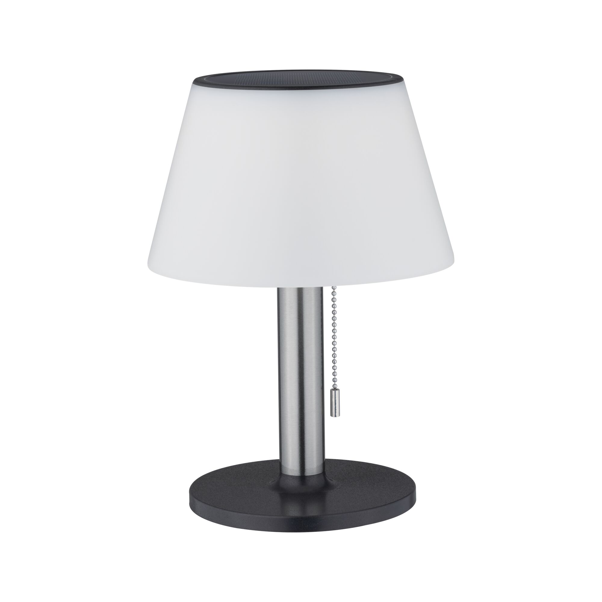 Modern table lamp with white plastic shade and black metal base, LED lighting