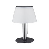 Moderne tafellamp met witte kunststof kap en zwarte metalen voet, LED-verlichting