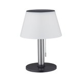 Moderne Tischlampe mit weißem Kunststoffschirm und schwarzem Metallfuß, LED Beleuchtung