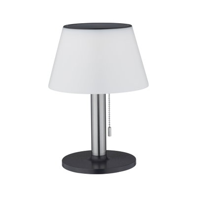 Moderne Tischlampe mit weißem Kunststoffschirm und schwarzem Metallfuß, LED Beleuchtung