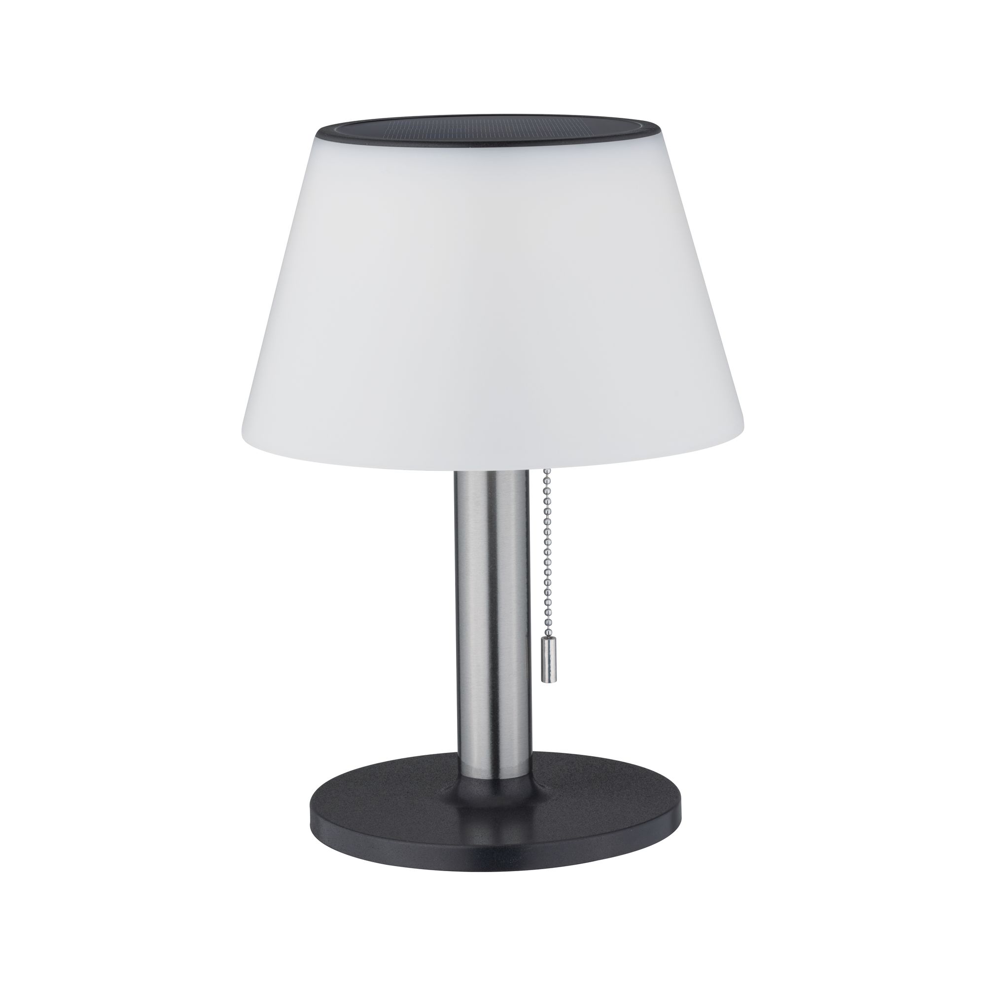 Modern table lamp with white plastic shade and black silver metal base for home lighting