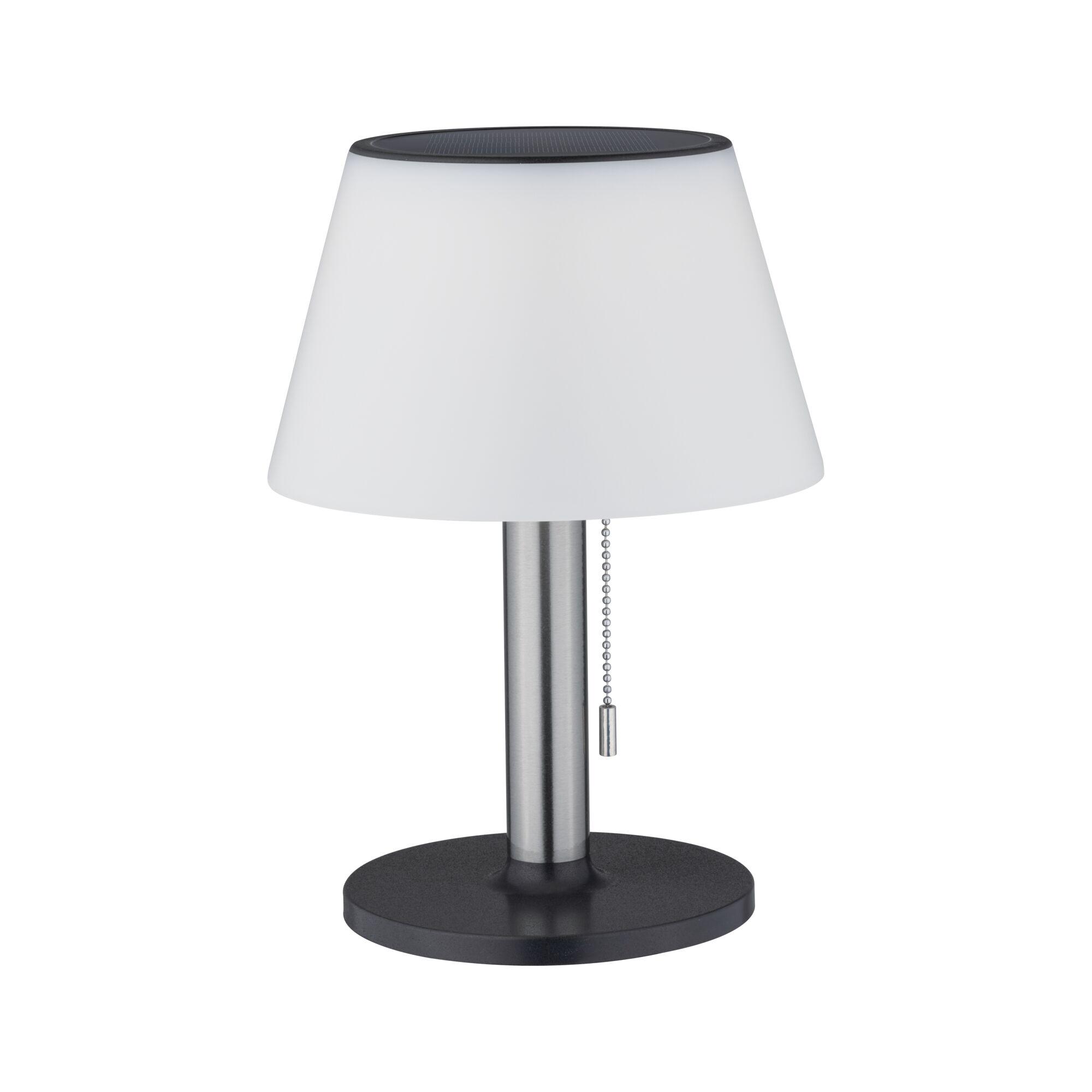 Moderne Tischlampe mit weißem Kunststoffschirm und schwarzem Metallfuß, LED Beleuchtung