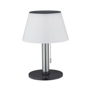 Moderne Tischlampe mit weißem Kunststoffschirm und schwarzem Metallfuß, LED Beleuchtung