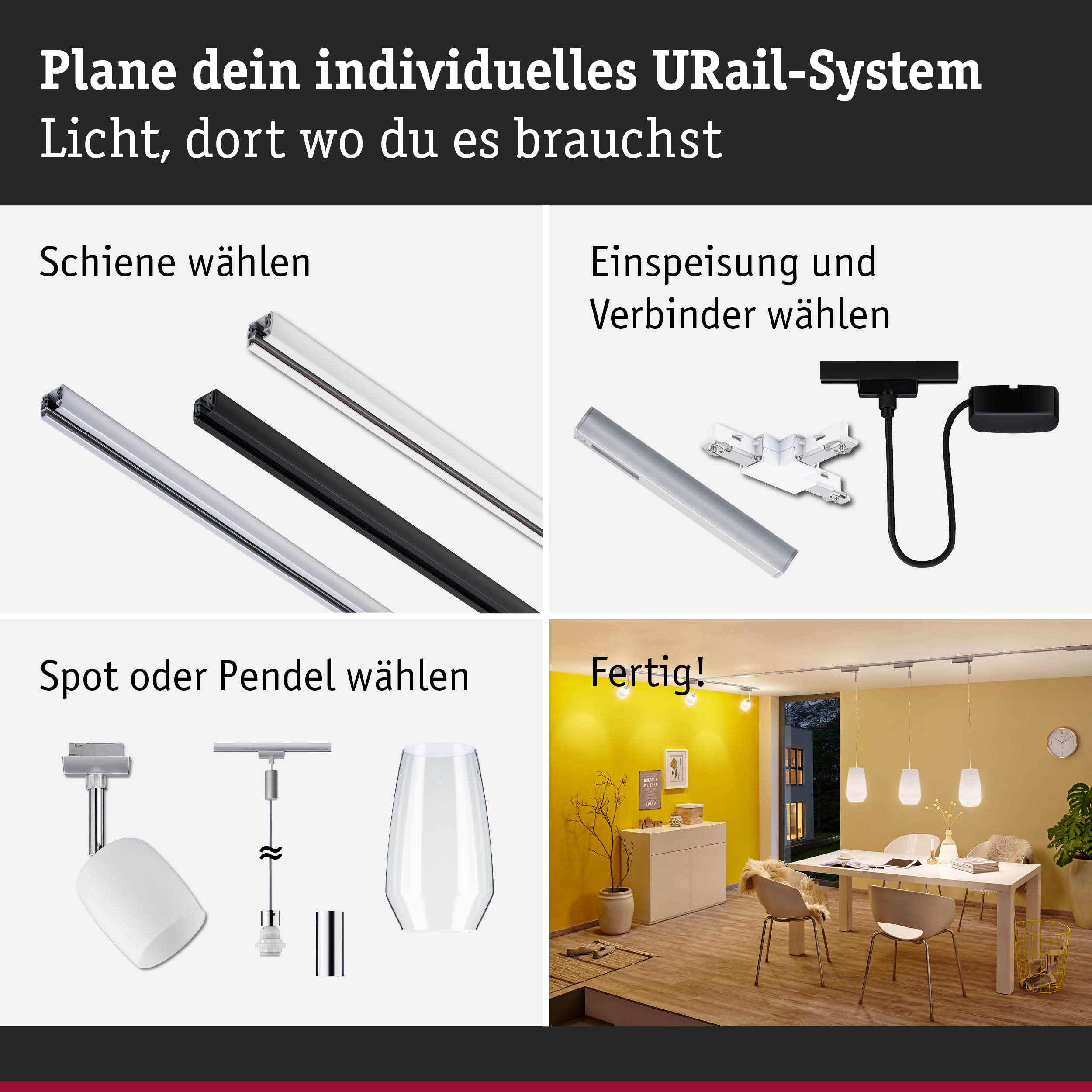 Modulares URail-Schienensystem mit weißen und schwarzen Schienen, Steckern und Pendelleuchten für flexible Beleuchtung