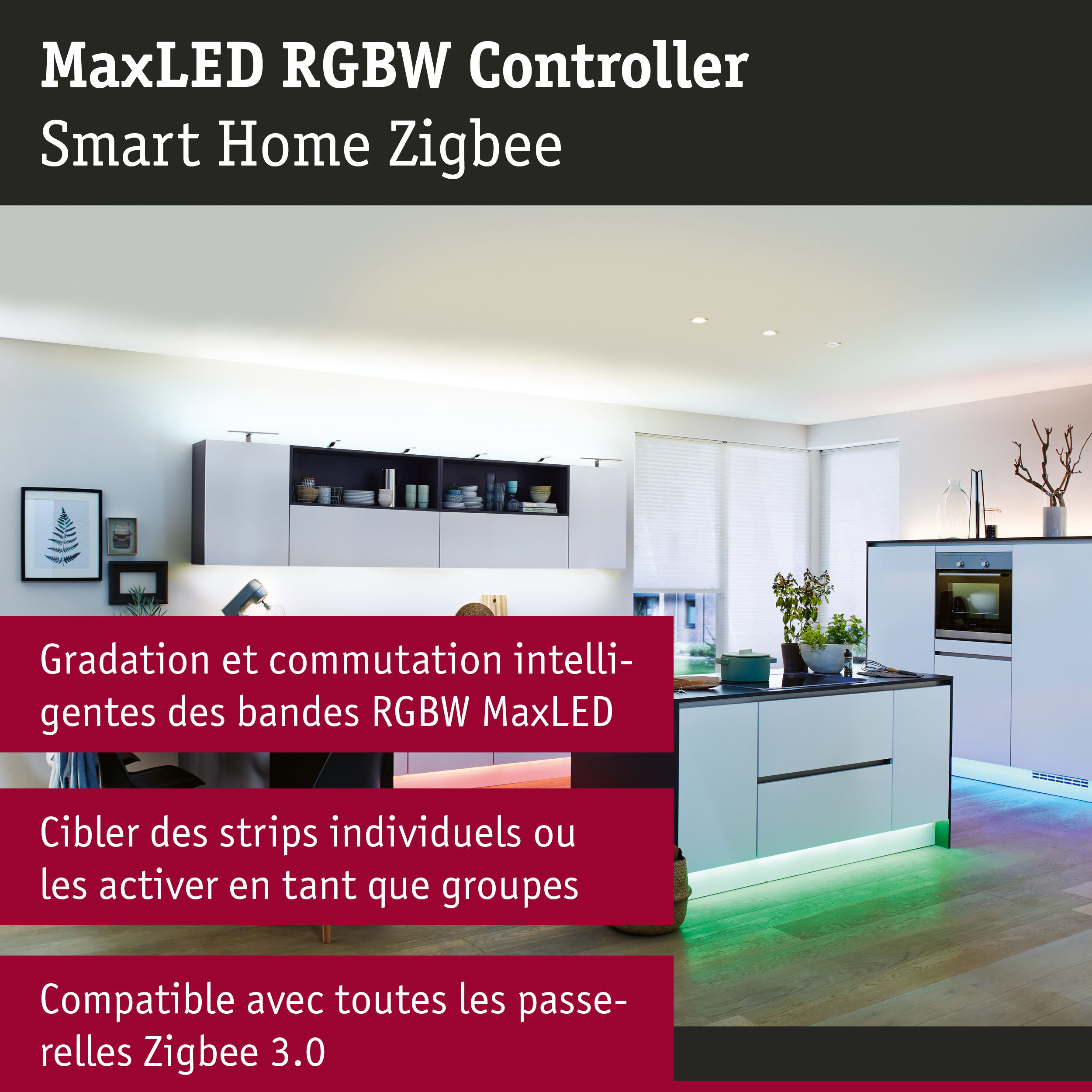Cuisine moderne avec éclairage RGBW MaxLED Smart Home Zigbee et bandes LED blanches et vertes sous les meubles